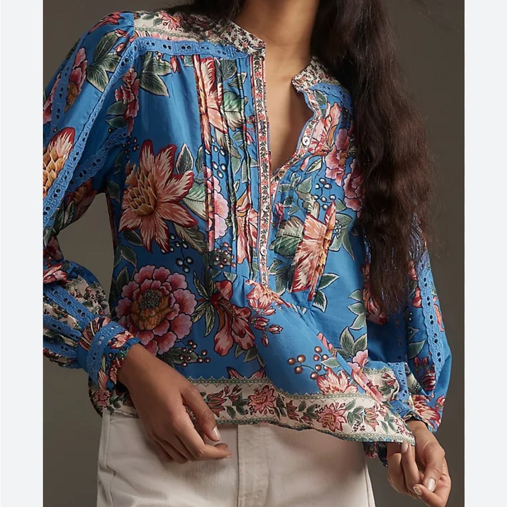 FARM Rio Blue Wonderful Bouquet Long-Sleeve Blouse